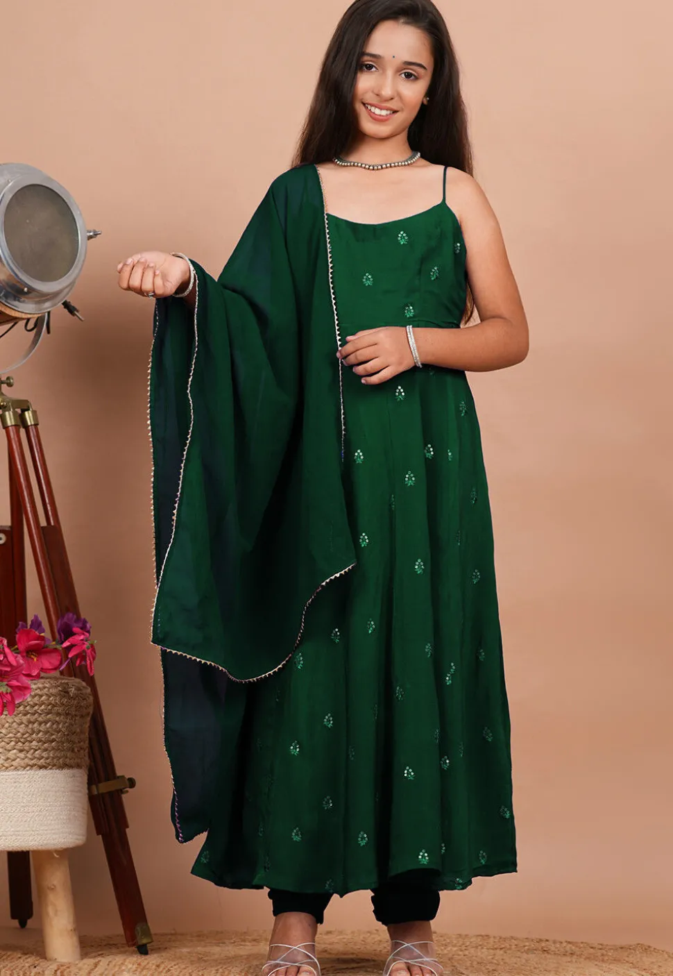 Embroidered Crepe Anarkali Suit in Dark Green