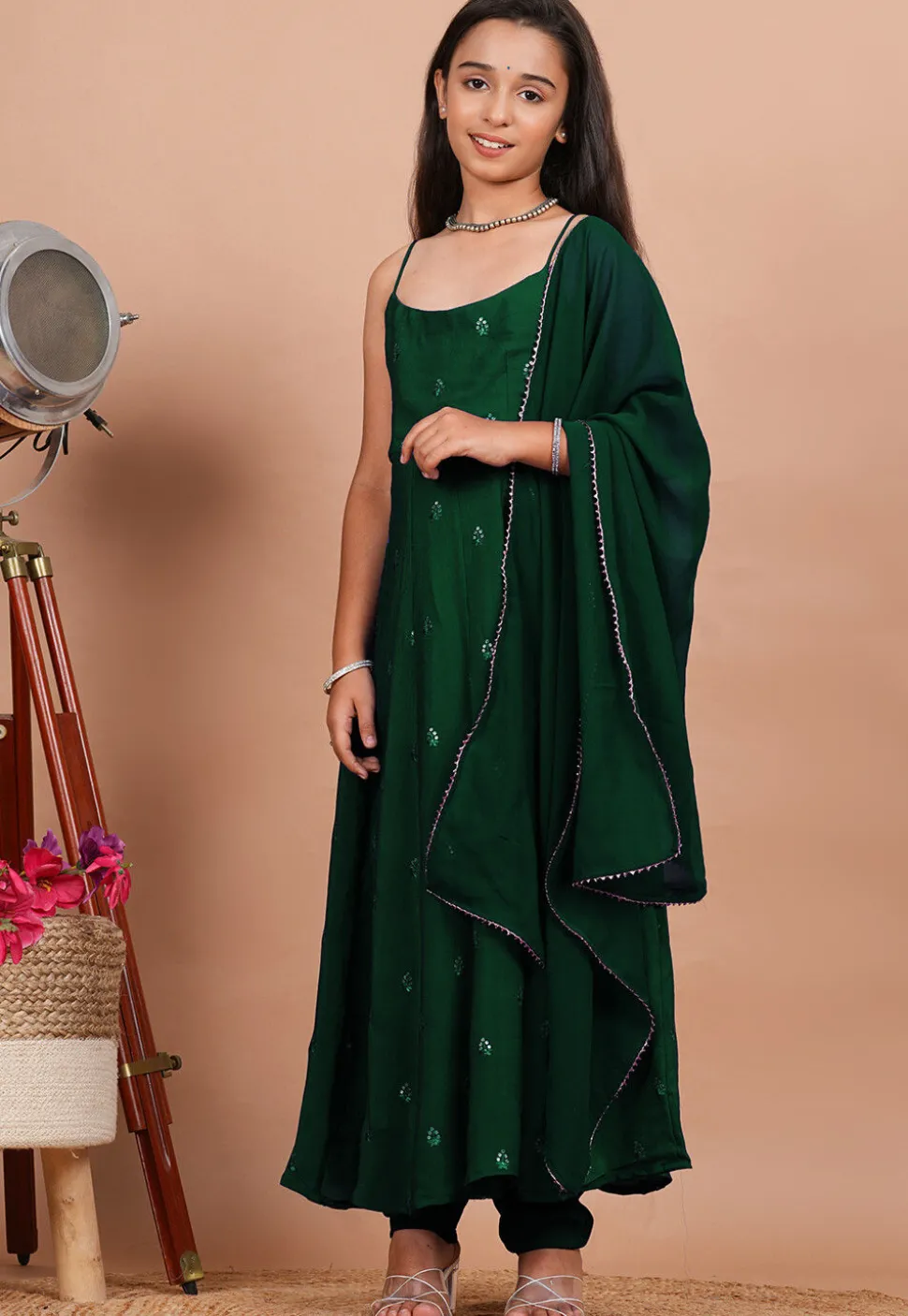 Embroidered Crepe Anarkali Suit in Dark Green