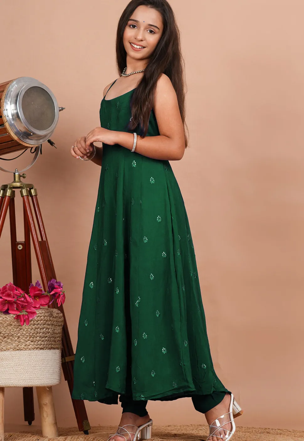 Embroidered Crepe Anarkali Suit in Dark Green