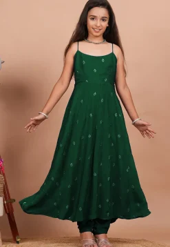 Embroidered Crepe Anarkali Suit in Dark Green