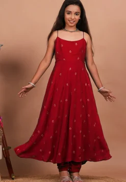 Embroidered Crepe Anarkali Kurta Set in Maroon