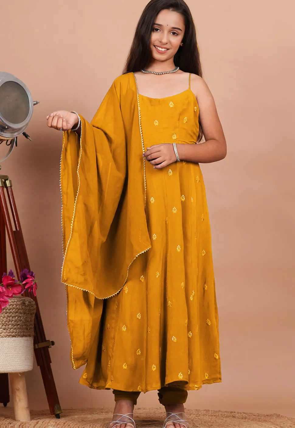 Embroidered Crepe Anarkali Suit in Mustard