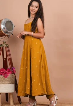 Embroidered Crepe Anarkali Suit in Mustard