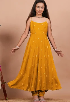 Embroidered Crepe Anarkali Suit in Mustard