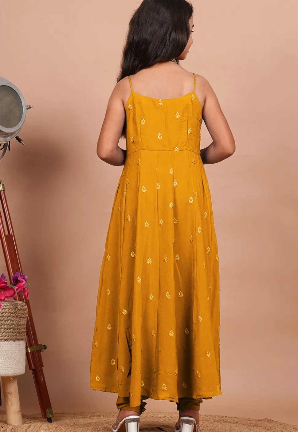 Embroidered Crepe Anarkali Suit in Mustard