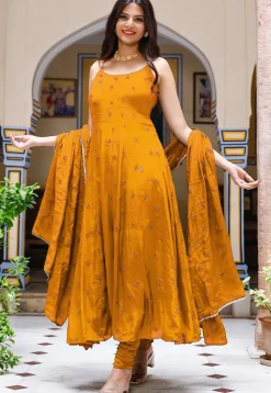 Embroidered Crepe Anarkali Suit in Mustard