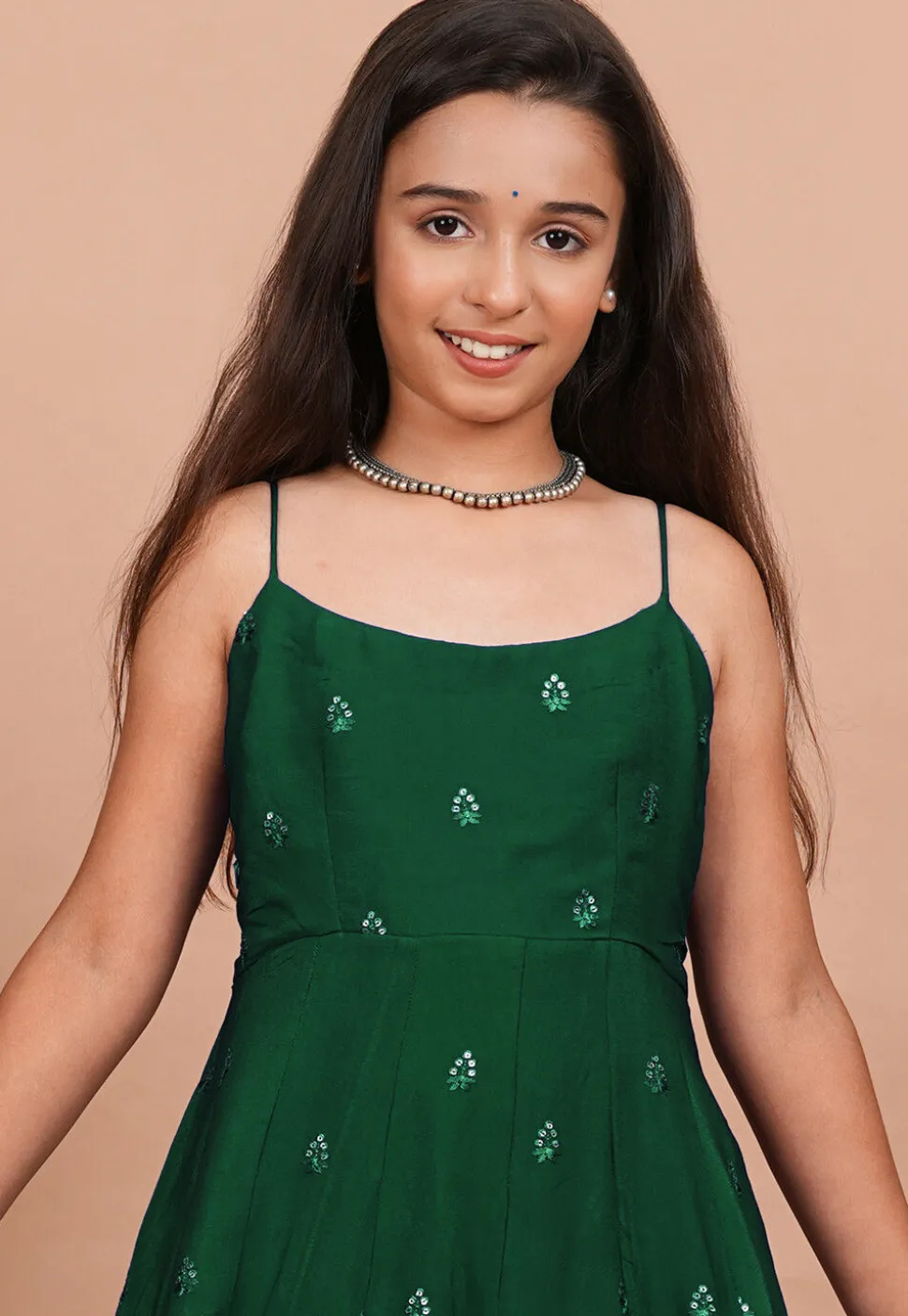 Embroidered Crepe Anarkali Kurta Set in Dark Green