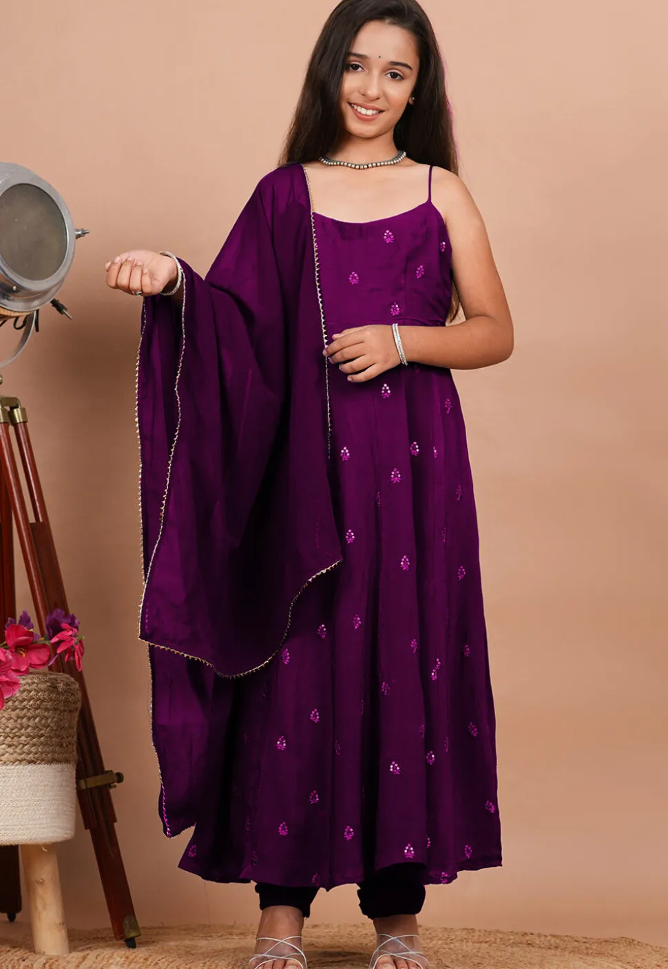 Embroidered Crepe Anarkali Suit in Purple
