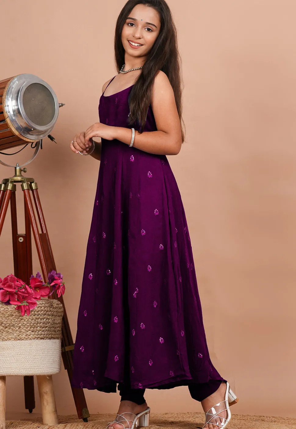 Embroidered Crepe Anarkali Suit in Purple