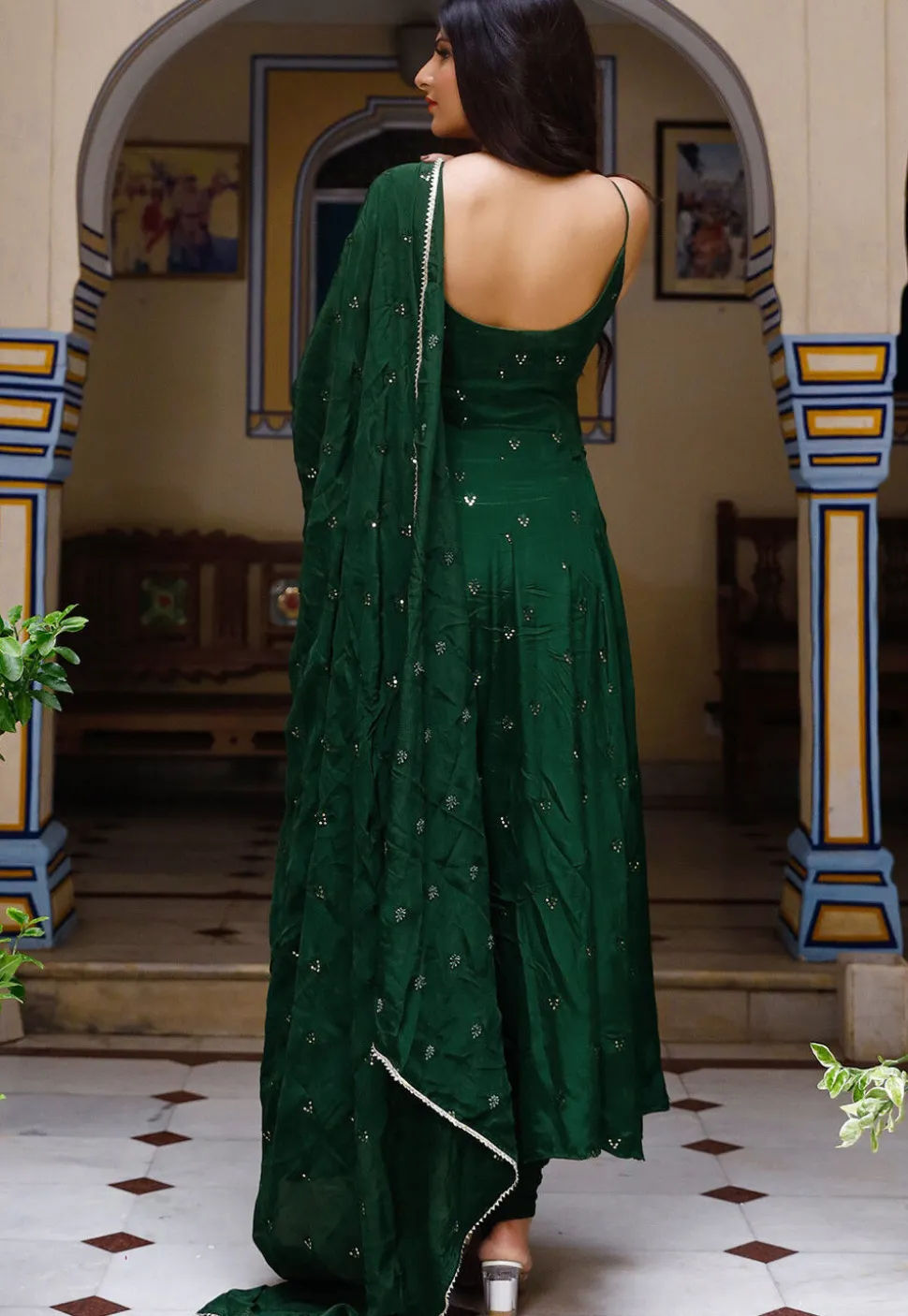 Embroidered Crepe Anarkali Suit in Dark Green