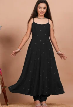 Embroidered Crepe Anarkali Kurta Set in Black