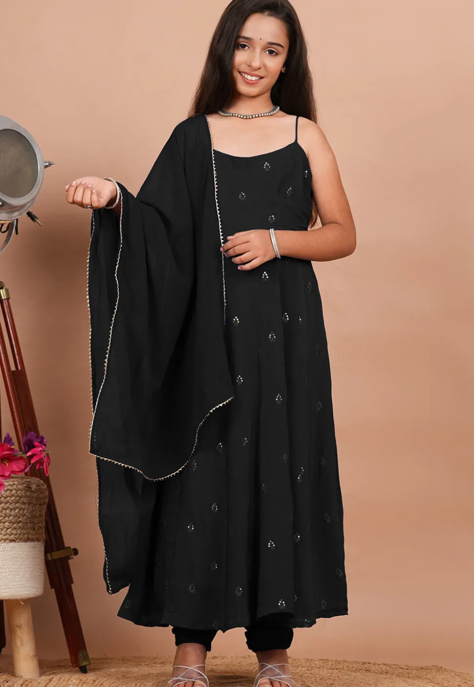 Embroidered Crepe Anarkali Suit in Black