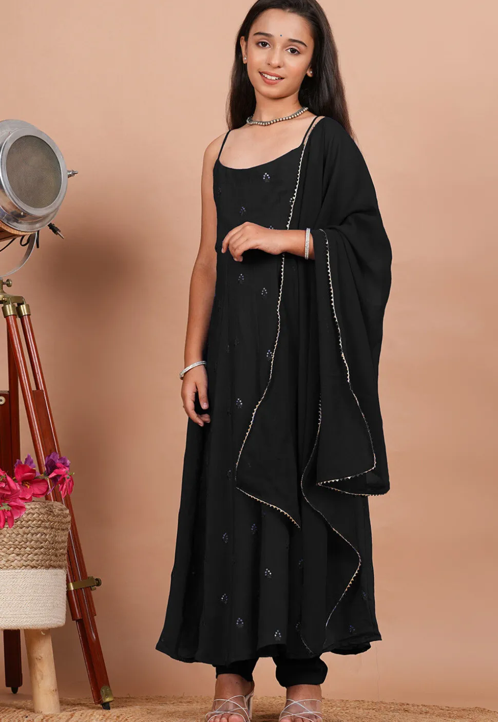 Embroidered Crepe Anarkali Suit in Black