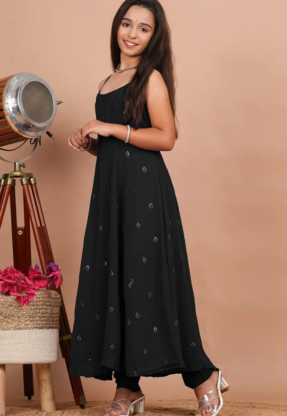 Embroidered Crepe Anarkali Suit in Black