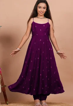 Embroidered Crepe Anarkali Kurta Set in Purple