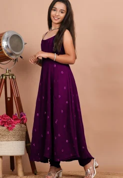 Embroidered Crepe Anarkali Kurta Set in Purple