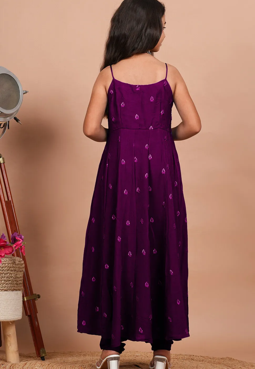 Embroidered Crepe Anarkali Kurta Set in Purple
