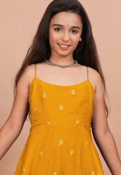 Embroidered Crepe Anarkali Kurta Set in Mustard