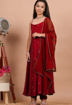 Embroidered Crepe Anarkali Suit in Maroon