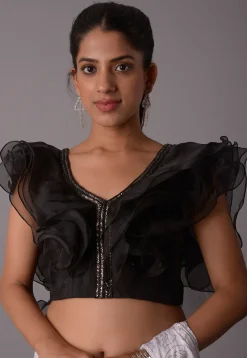 Embroidered Crepe and Organza Blouse in Black