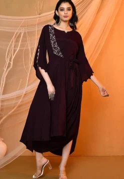 Embroidered Crepe Cowl Dress in Dark Wine