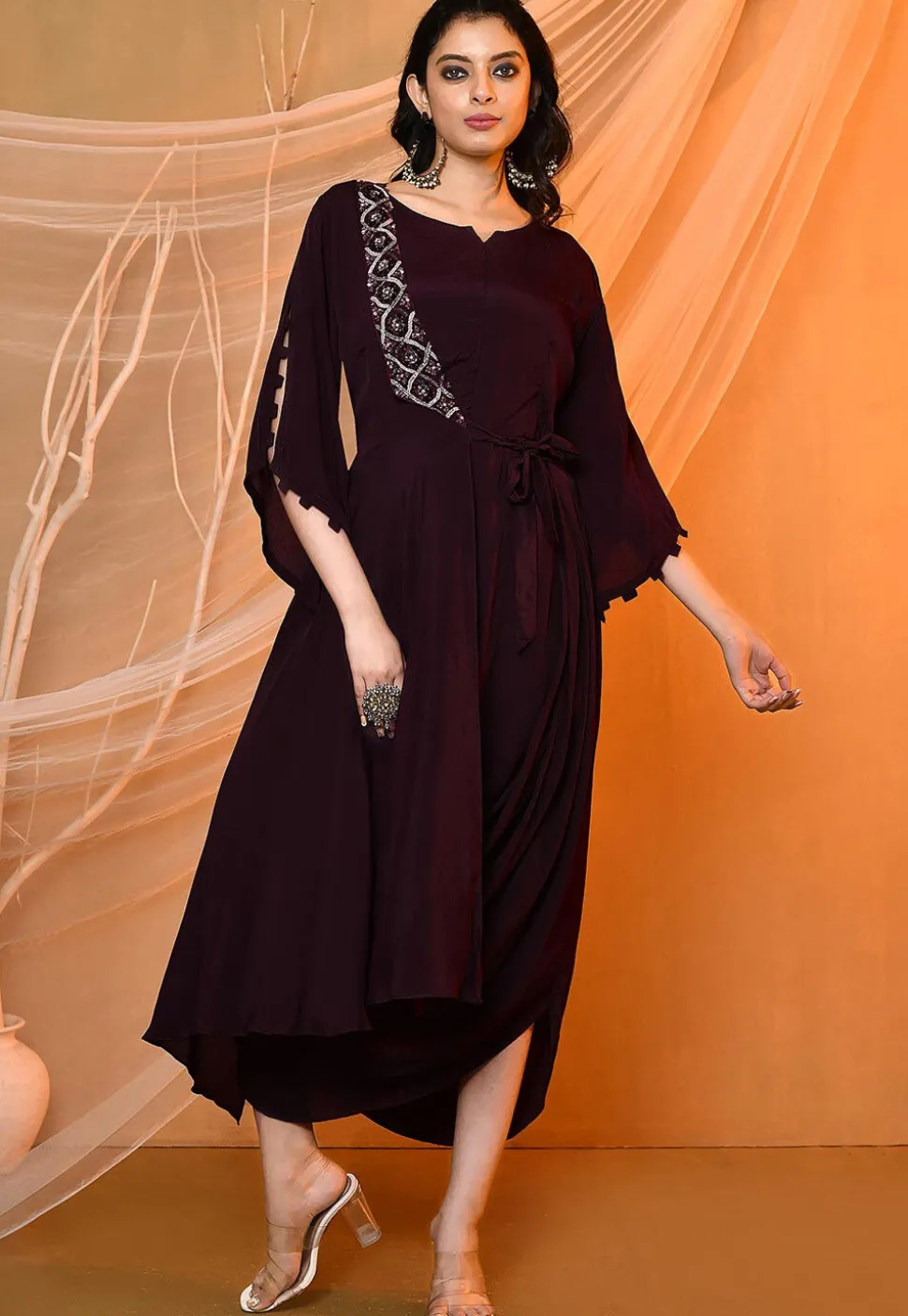 Embroidered Crepe Cowl Dress in Dark Wine