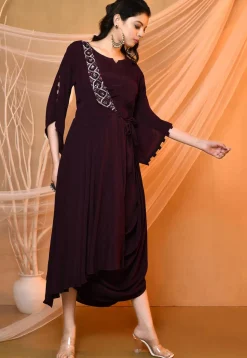 Embroidered Crepe Cowl Dress in Dark Wine