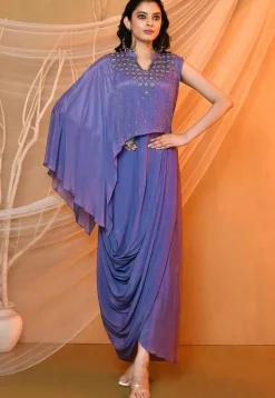 Embroidered Crepe Cowl Dress in Blue