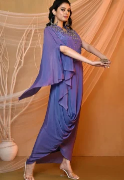 Embroidered Crepe Cowl Dress in Blue