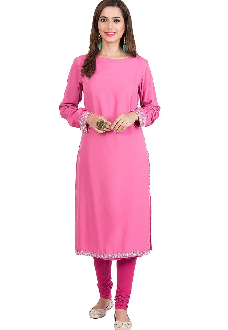 Embroidered Crepe Kurta in Pink