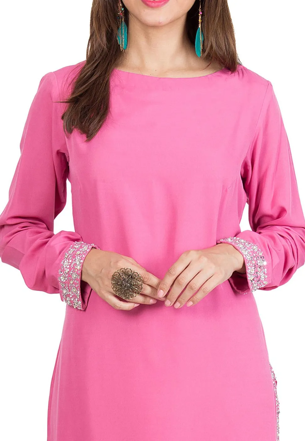 Embroidered Crepe Kurta in Pink
