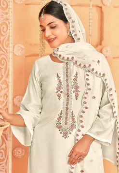 Embroidered Crepe Pakistani Suit in Off White