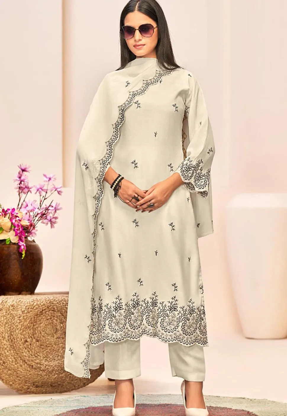 Embroidered Crepe Pakistani Suit in Off White