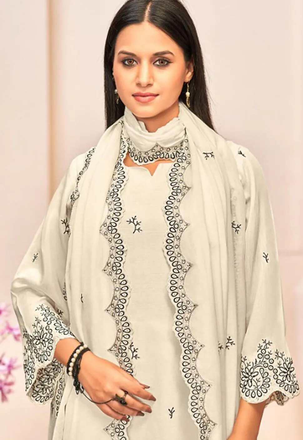 Embroidered Crepe Pakistani Suit in Off White