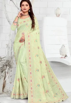 Embroidered Crepe Saree in Light Green