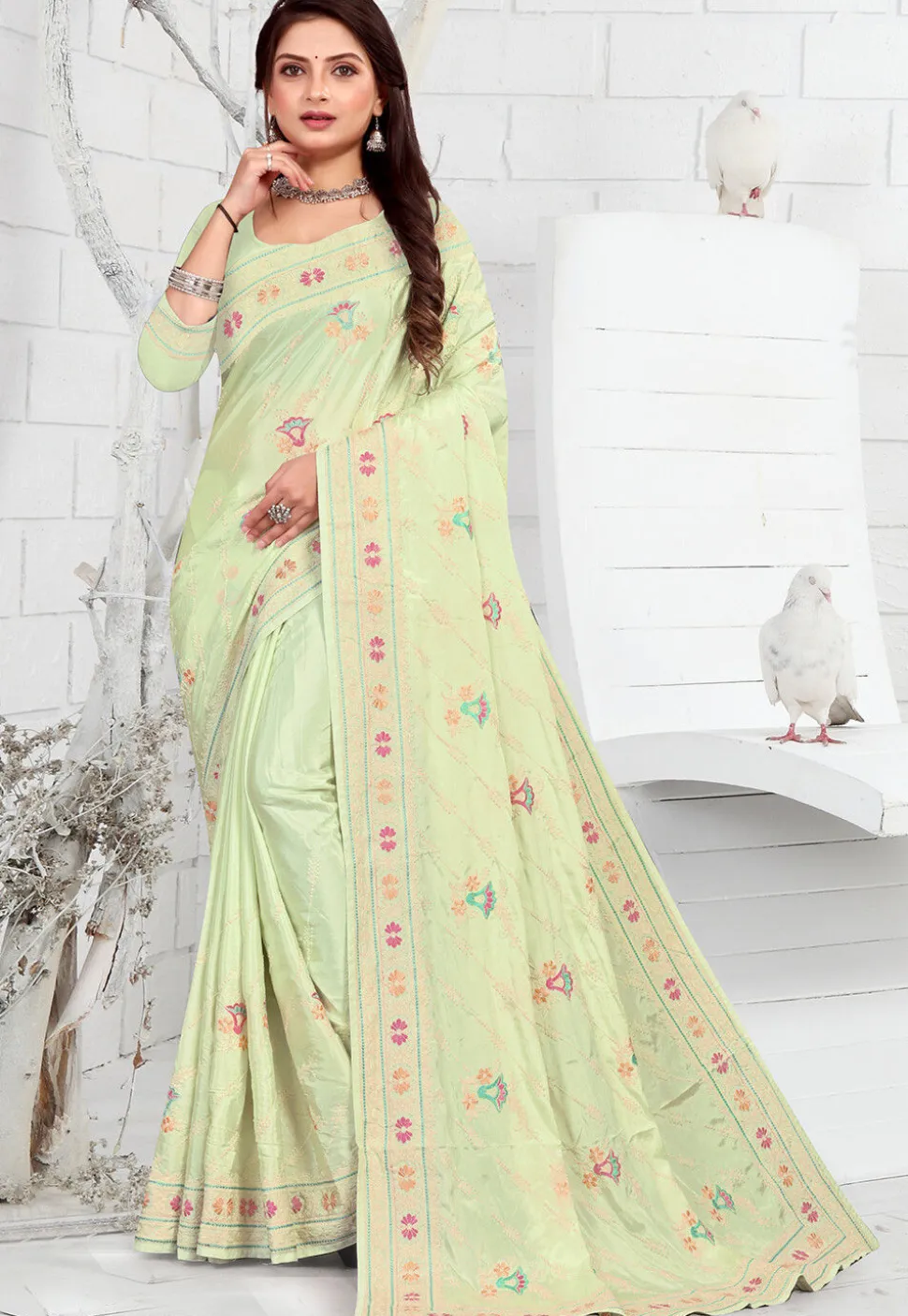 Embroidered Crepe Saree in Light Green