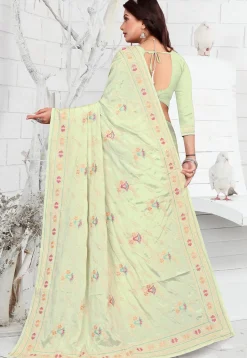 Embroidered Crepe Saree in Light Green