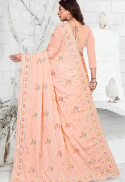 Embroidered Crepe Saree in Peach