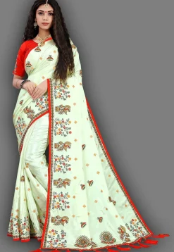 Embroidered Crepe Saree in Light Green