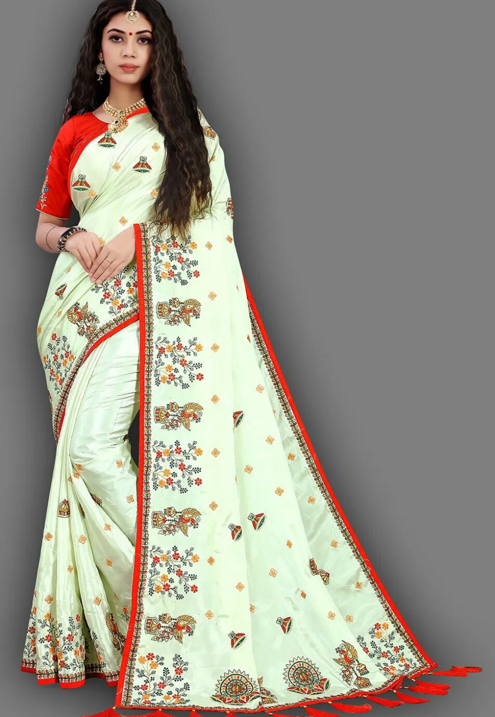 Embroidered Crepe Saree in Light Green