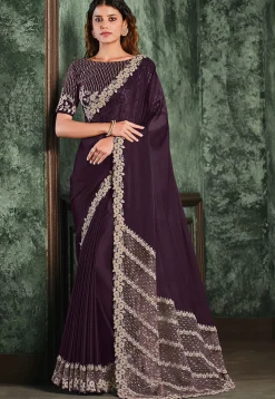 Embroidered Crepe Saree in Wine