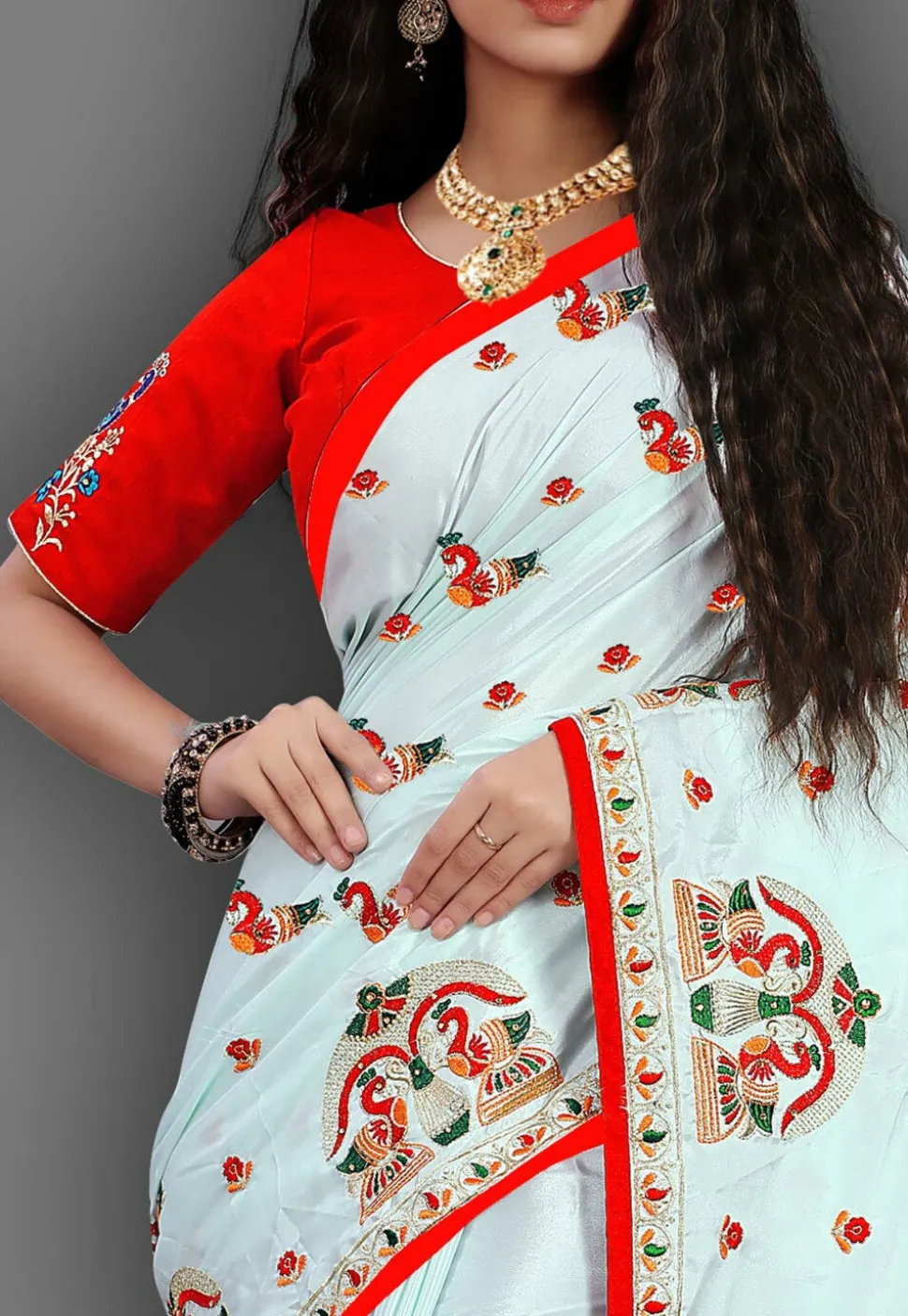 Embroidered Crepe Saree in Sky Blue