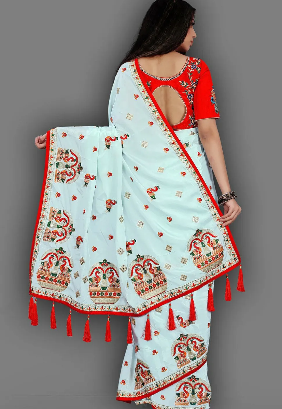 Embroidered Crepe Saree in Sky Blue