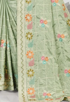 Embroidered Crepe Saree in Dusty Green