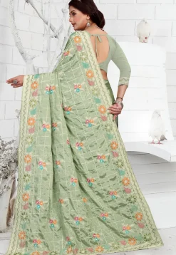 Embroidered Crepe Saree in Dusty Green