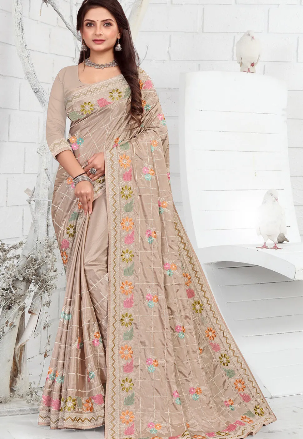 Embroidered Crepe Saree in Beige