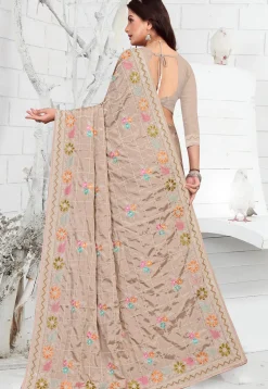 Embroidered Crepe Saree in Beige