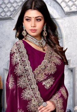 Embroidered Crepe Saree in Wine