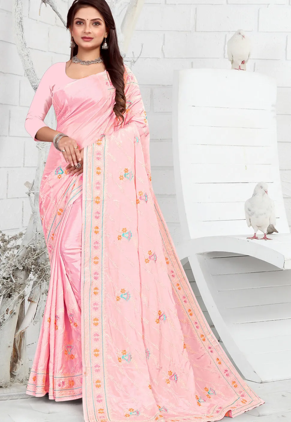 Embroidered Crepe Saree in Light Pink