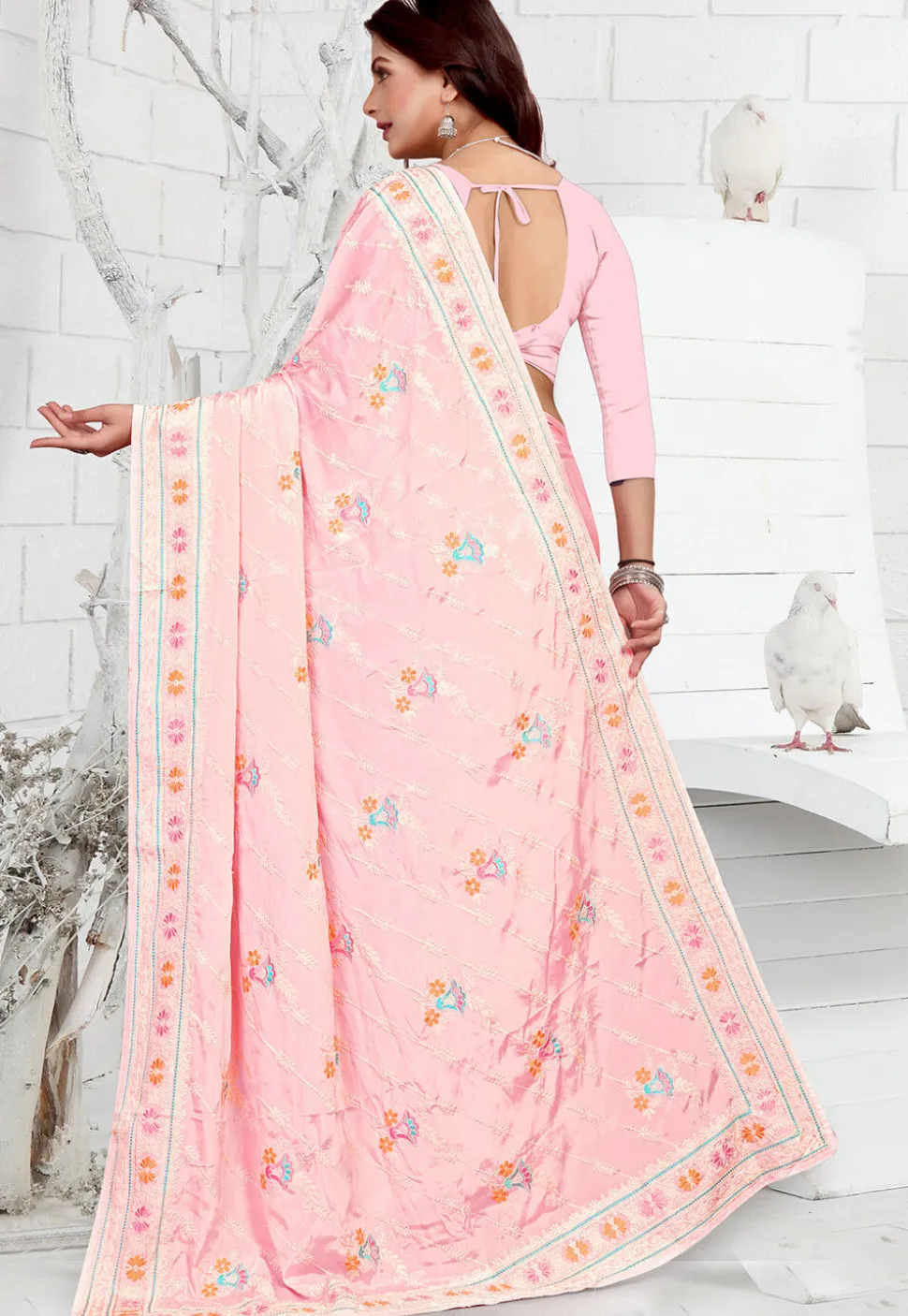 Embroidered Crepe Saree in Light Pink